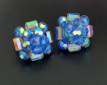 Vintage Signed Vogue Blue Faceted AB Glass Bead Cluster Clip On Earrings