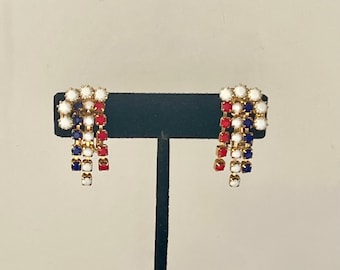 Vintage Red White & Blue Dangle Clip On Earrings