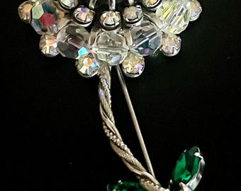 Vintage Flower Brooch With Silvertone Metal & Green/Clear AB Rhinestones