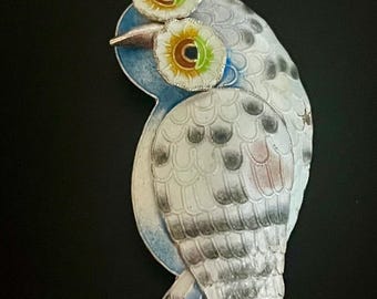 Vintage Sterling Silver Owl Brooch, Hand Painted Enamel, Thousand Flowers