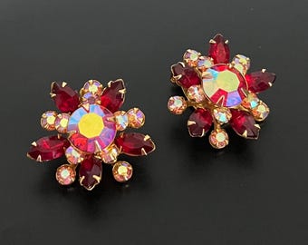 Vintage Beau Jewels Rhinestone Clip On Earrings: Pink Red Aurora Borealis