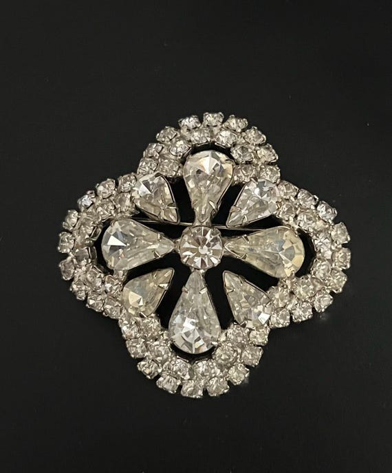 Vintage Crystal Clear Clover  Shape Rhinestone Brooch