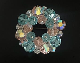 Vintage Baby Blue & Pink AB Faceted Glass Bead Cluster Wreath Pin Brooch