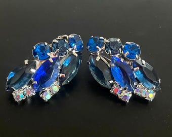 Vintage Blue Rhinestone Clip Earrings With Silvertone Metal