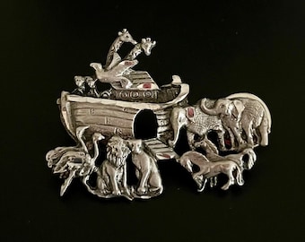 Vintage Pewter Silvertone Metal Noahs Ark Brooch Pin