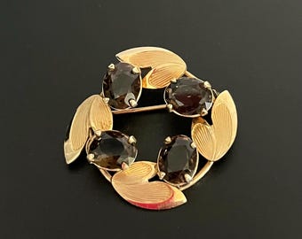 Vintage Signed Winard Smoky Topaz 12k Hold Filled Floral Leaf Brooch Pin