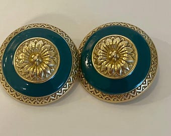 Vintage C. Stein Teal Enamel & Goldtone Metal Round Clip On Earrings
