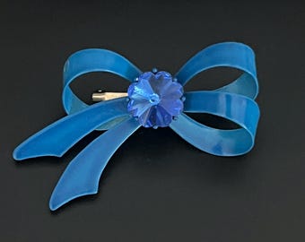 Vintage Metal Enamel Blue Ribbon Bow With Blue Rhinestone Brooch Pin