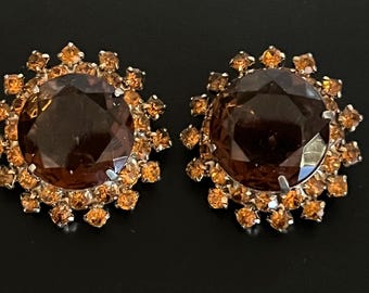 Vintage Large Brown & Amber Colored Rhinestone Clip On Earrings