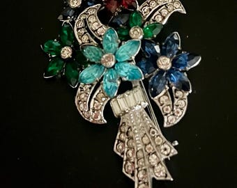 Vintage Sterling Otis Brooch Pin Floral Bouquet With Rhinestones