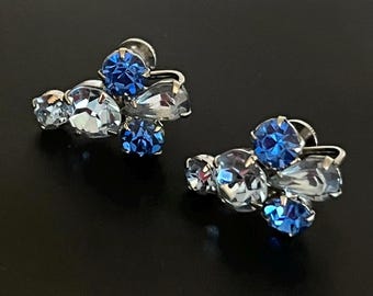 Vintage Signed Coro Blue Rhinestone Screwback Earrings