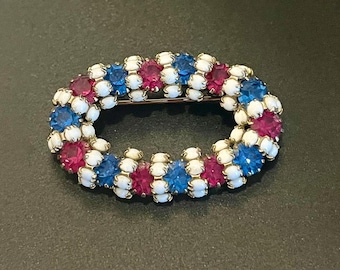 Vintage White Milk Glass With Pink & Blue Rhinestone Oval Brooch