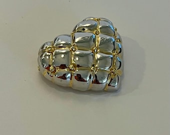 Puffed Two Toned Gold & Silver Metal Heart Pin Brooch