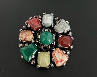 Vintage Scottish Pin With Multi Colored Glass Stones On Silvertone Metal