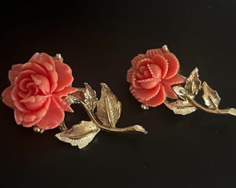 Vintage Carved Faux Coral Flower Brooches