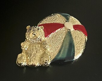 Vintage Signed Gerry’s Bear With Beach Ball Brooch Pin