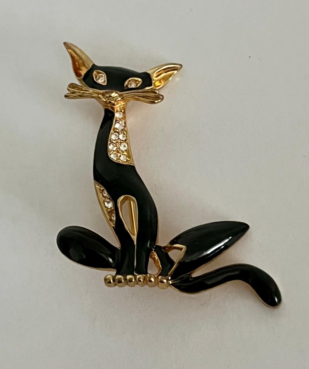 Vintage Black Enamel Cat Brooch Pin With Rhinestones - Etsy
