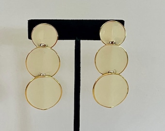 Vintage Clip On Biege Enamel Dangle Earrings With Goldtone Metal