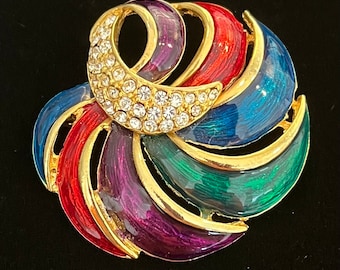 Vintage Rhinestone Brooch: Goldtone Swirl with Colorful Enamel