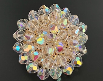 Vintage Crystal Clear Aurora Borealis Faceted Glass Bead Sparkly Cluster Brooch Pin