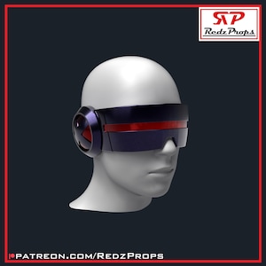 May include: A dark blue visor with a horizontal red lens strip across the front, worn on a white mannequin head. The side features a circular dark blue emblem with a red X design. The text RedzProps and a Patreon URL are visible.