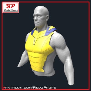 May include: A yellow and blue chest armour piece worn on a grey mannequin torso. The armour features a segmented design with a solid yellow front panel and blue shoulder accents. The Redz Props logo is visible in the top left corner of the image.