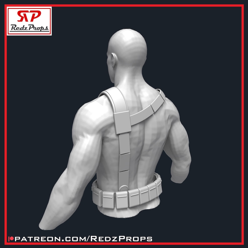 May include: A 3D-rendered, gray, muscular torso with a harness and belt. The harness has a rectangular chest piece and shoulder straps. The belt has multiple rectangular pouches. The Redz Props logo is in the top left corner, and the Patreon URL is at the bottom.