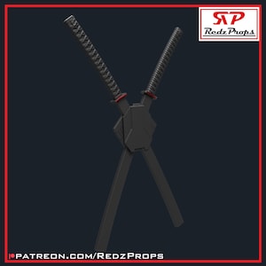 May include: Two black katana swords crossed, with red accents near the handles. The handles have a textured, wrapped design. The image includes the text "Redz Props" and "patreon.com/RedzProps".