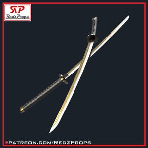 May include: Two gold and silver swords with black handles are crossed over each other. The swords have a sharp point and a black handle with a gold accent.