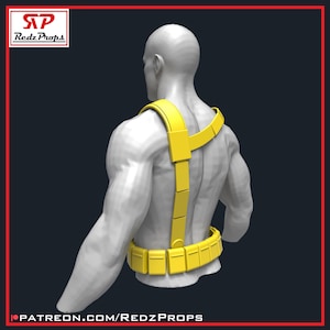 May include: A yellow utility belt and harness set, viewed from the back, on a white mannequin. The belt has several rectangular pouches. The harness has shoulder straps and a central strap. The Redz Props logo is in the top left corner.