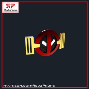 May include: A red and black Deadpool mask with gold accents. The mask is a 3D printed replica of the character's mask from the Marvel comics.
