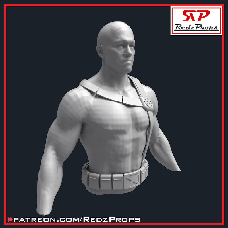 May include: A 3D-printed bust of a muscular figure, featuring a bald head and a stern expression. The figure wears a harness with a circular emblem and a belt with rectangular segments. The image includes the text "Redz Props" and a Patreon link.