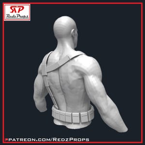 May include: A 3D-printed bust of a muscular figure, viewed from the back. The figure wears a harness and a belt with rectangular compartments. The Redz Props logo is in the upper left corner, and the Patreon URL is at the bottom.