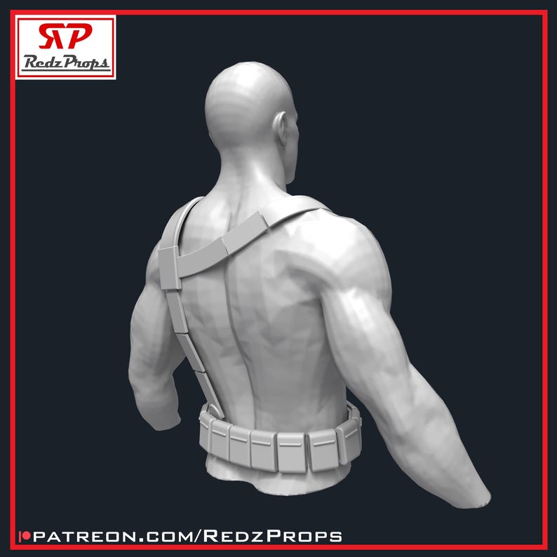May include: A 3D-printed bust of a muscular figure, viewed from the back. The figure wears a harness and a belt with rectangular compartments. The Redz Props logo is in the upper left corner, and the Patreon URL is at the bottom.