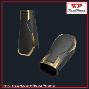 May include: Two black and gold arm guards with a futuristic design. The arm guards have a sleek, angular shape with gold trim and accents. The Redz Props logo is in the upper right corner, and the Patreon link is at the bottom.