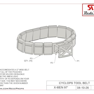May include: A technical drawing of a Cyclops tool belt, featuring a series of rectangular pouches connected to a belt. The belt includes an X-shaped buckle and is designed to accommodate a 2-inch wide belt. The text "CYCLOPS TOOL BELT" is visible.