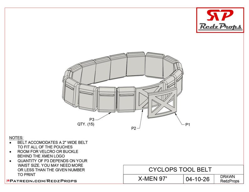 May include: A technical drawing of a Cyclops tool belt, featuring a series of rectangular pouches connected to a belt. The belt includes an X-shaped buckle and is designed to accommodate a 2-inch wide belt. The text "CYCLOPS TOOL BELT" is visible.