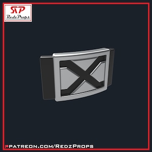 May include: A silver belt buckle with a black X-shaped design. The buckle has a slightly curved shape and is made of metal.