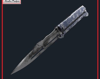 May include: A weathered, metallic knife with a long, pointed blade. The handle and blade show signs of wear, with a dark, textured finish. The image includes the text "Redz Props" and a Patreon link.