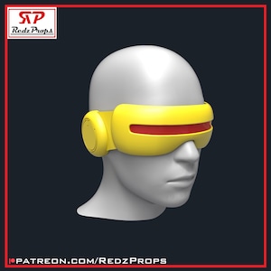 Puede incluir: Un accesorio de visera amarilla y roja, que se asemeja a las gafas de un superhéroe, se muestra en una cabeza de maniquí blanca. La visera tiene un marco amarillo brillante con una lente roja. El logotipo de Redz Props está en la esquina superior izquierda y la URL de Patreon en la parte inferior.