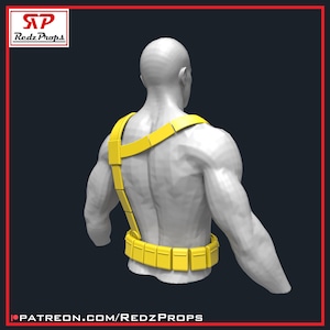 May include: A yellow utility belt and shoulder harness set, viewed from the back, against a dark background. The belt and harness are made of rectangular segments. The Redz Props logo is in the upper left corner, and the Patreon URL is at the bottom.