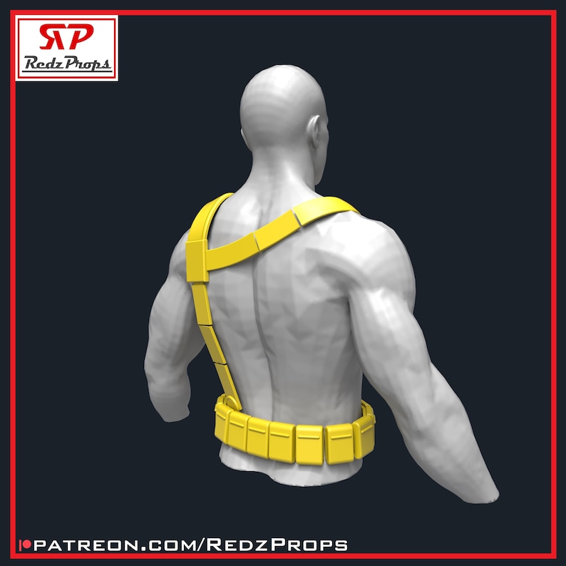 May include: A yellow utility belt and shoulder harness set, viewed from the back, against a dark background. The belt and harness are made of rectangular segments. The Redz Props logo is in the upper left corner, and the Patreon URL is at the bottom.