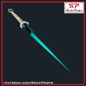 Peut inclure: Une épée de couleur turquoise avec une poignée argentée et un anneau en haut. L'épée est pointue et tranchante.