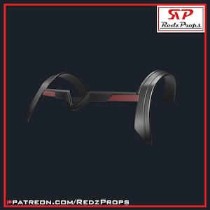 Puede incluir: Un accesorio negro y rojo, posiblemente un tocado, con extensiones curvas en forma de alas. El diseño presenta una barra central con detalles rojos y el texto "Redz Props" en la esquina superior derecha. La parte inferior de la imagen incluye el texto "patreon.com/RedzProps".