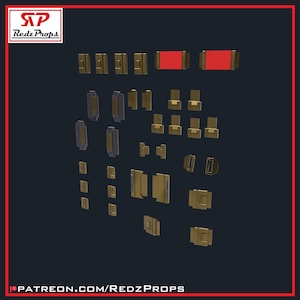 May include: A collection of 3D printed, gold-colored, and red plastic panels. The panels are various shapes and sizes, and some have a silver trim. The panels are arranged in rows on a dark background. The text "PATREON.COM/REDZPROPS" is at the bottom of the image.