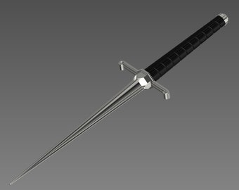 May include: A silver dagger with a black handle. The blade is long and pointed, and the handle is wrapped in a textured material.