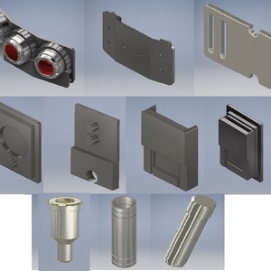 Puede incluir: Una colección de varios componentes de metal y plástico, que incluyen una pieza curva con dos puertos de centro rojo, varias placas rectangulares y cuadradas, y piezas cilíndricas y hexagonales. Los artículos están renderizados en 3D.