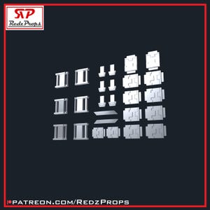 May include: A set of 3D printed plastic model pieces for building a sci-fi spaceship or other futuristic structure. The pieces are white and have a variety of shapes, including squares, rectangles, and triangles.