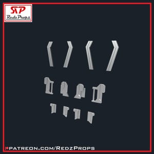 May include: A set of silver-coloured, geometric prop pieces, including brackets and angled supports, set against a dark background. The Redz Props logo is in the top left corner, and the Patreon URL is at the bottom.