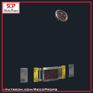 May include: A utility belt component set featuring a circular emblem with a red X on a black background, alongside a central rectangular buckle with a red X, flanked by yellow and metallic grey rectangular side plates and modular belt segments.